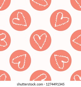 Vector coral and white textured hearts. Seamless repeat pattern. Hand drawn love heart circle polk dots for romantic valentines day, wedding or anniversary celebration backdrop.