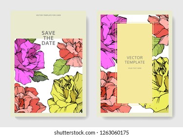 Vector Coral, yellow and purple rose flower on the card. Wedding background card floral decorative border. Thank you, rsvp, invitation elegant card illustration graphic set banner. Engraved ink art.