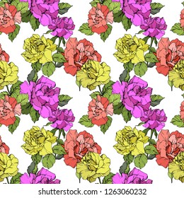 Vector Coral, yellow and purple rose. Floral botanical flower. Engraved ink art. Seamless background pattern. Fabric wallpaper print texture on white background.