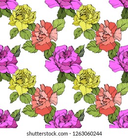 Vector Coral, yellow and purple rose. Floral botanical flower. Engraved ink art. Seamless background pattern. Fabric wallpaper print texture on white background.