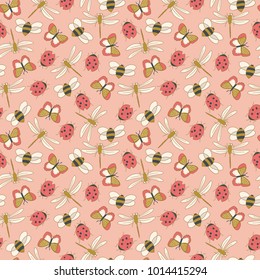Vector coral and yellow seamless floral pattern with roses, peonies and butterflies