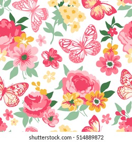 Vector coral and yellow seamless floral pattern with roses, peonies and butterflies