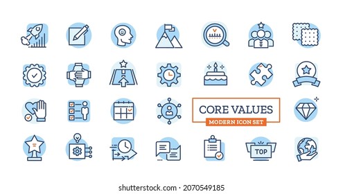 Vector Core values icon set with color modern symbol of corporative loyalty, optimism, customer success, honesty for business company