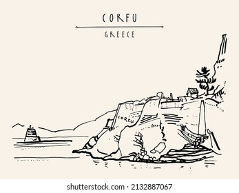 Vector Corfu (Kerkyra), Greece postcard. Hand drawing in retro style. Travel sketch. Vintage touristic hand drawn postcard, poster, calendar or book illustration