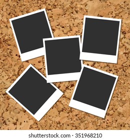 Vector Cork Board With Five Scattered Blank Instant Photo Cards