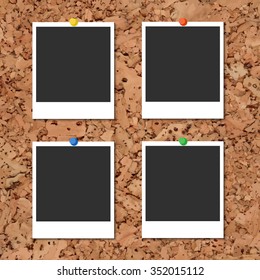Vector cork board with four blank instant photo cards and color pins