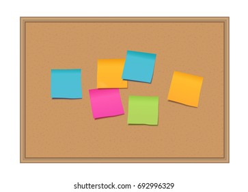 Vector cork board with wooden frame and colorful blank post it notes isolated on white background
