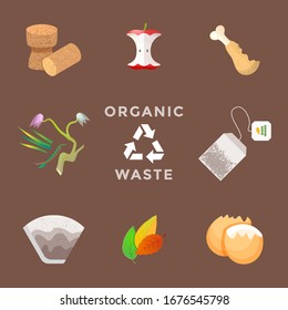 vector cork plug food stubs wilted cut plants used tea bags coffee filters eggshell recycle organic compost waste management set
