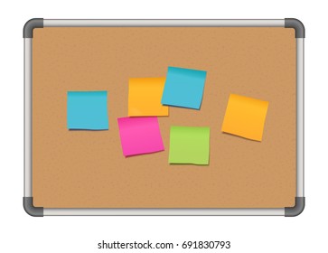 Vector corkboard with colorful blank post it notes isolated on white background