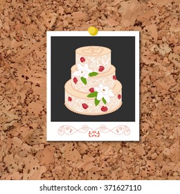 Vector corkboard with instant photo card and wedding cake