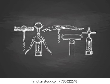 Vector corkscrew set drawn with chalk on blackboard. 