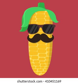 Vector corn cartoon with glasses and mustache isolated icon.