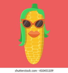 Vector corn cartoon with glasses and red lips isolated icon.
