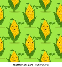 Vector Corn cob seamless pattern isolated on a green background. Vegan concept of texture.