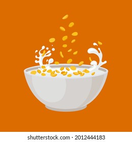 Vector Corn Flakes Cartoon Illustration, Bowl with Corn Flakes and Falling Flakes on Bright Orange Background.