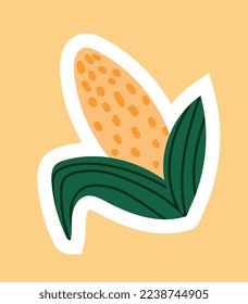 Vector corn icon or sticker. Natural and organic product, farming and agriculture, vegetables. Graphic element for printing on fabric. Botany and floristry, harvesting. Cartoon flat illustration