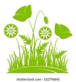 vector corn poppies and cornflowers in grass isolated on white background