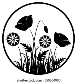 vector corn poppies and cornflowers in round isolated on white background