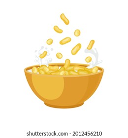 Vector Corn Sticks Falling Into Bright Orange Bowl, Breakfast Illustration Isolated on White Background.