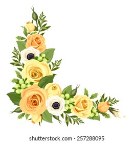 Vector corner background with orange and yellow roses, white anemone flowers and green leaves.