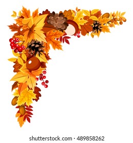 Vector corner background with orange, yellow and brown autumn leaves, cones, chestnuts, rowanberries and acorns.
