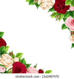 Vector corner background with pink, burgundy and white roses.