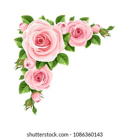 Vector corner background with pink roses and green leaves.