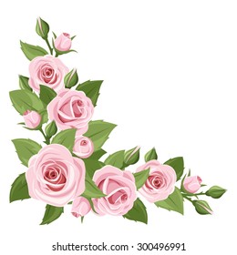 Vector corner background with pink roses and green leaves.