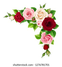 Vector corner background with red, burgundy, pink and white roses.