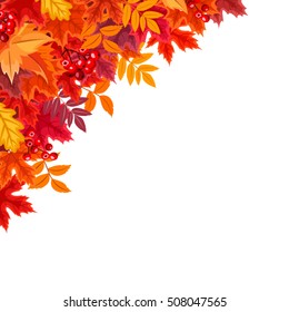 Vector corner background with red and orange autumn leaves.