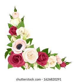 Vector corner background with red, pink and white roses, lisianthuses and anemone flowers.