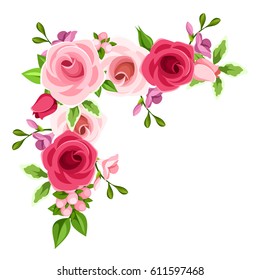 Vector corner background with red, pink and purple roses and freesia flowers.