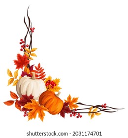 Vector corner border with pumpkins, orange and brown autumn leaves, and rowanberries.