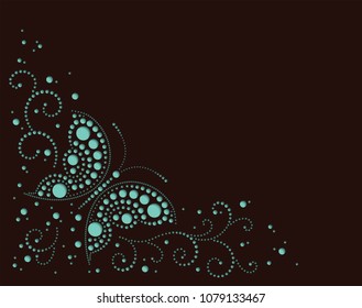 Vector corner design with butterfly. Cyan dotted ornament on black background. Decorative picture with points different size. Image for greeting cards and invitations. Element for laser cut.