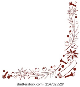 Vector corner element made of Christmas winter outline spices in doodle style. Xmas background, frame, decor with seasonings. For desserts, hot mulled wine, cookies, template of menu, recipes