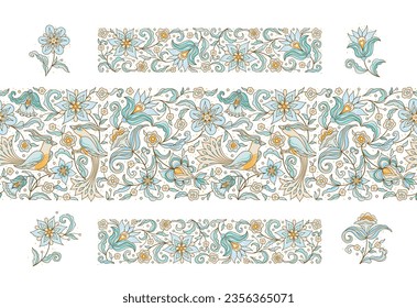 Vector corner elements, frame, seamless border, pattern, frieze, arabesque for design template. Floral ornament in Eastern style. Birds and flower illustration. Ethnic isolated ornamental decor