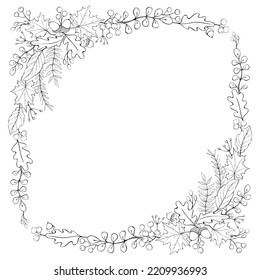 Vector corner elements of outline acorns, leaves, berries in doodle style. Square frame, border, template. Theme of happy fall, forest, thanksgiving