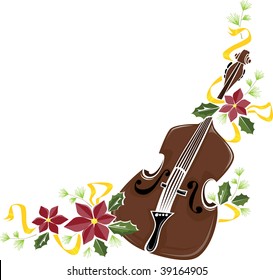 a vector corner embellishment of a string instrument with holiday flowers, greenery and ribbons