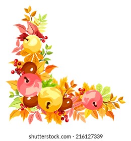 Vector corner frame with colorful autumn leaves, apples, rowanberries and chestnuts on a white background.