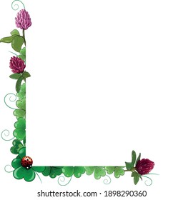 Vector corner frame of shamrocks, clover flowers and ladybirds. Patrick's Day border has a place for text