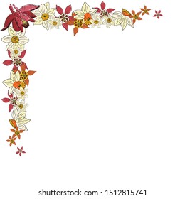 Vector corner frame wreath of narcissus and aquilegia isolated on white. Fresh and bright floral frame. Yellow and red color