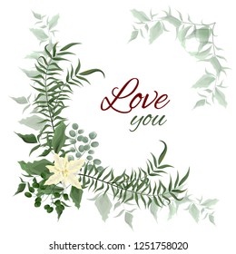 Vector corner of green leaves and white. White poinsettia, green leaves, corner, love you. All elements are isolated.
