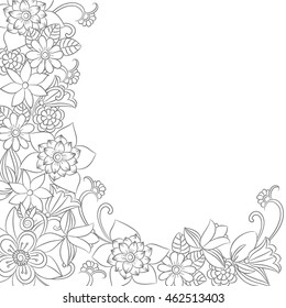 Vector corner pattern. Hand drawn flowers. Monochrome floral doodles. Can use for adult coloring book as anti-stress.