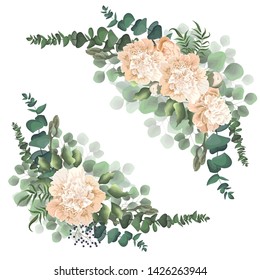 Vector corner of peony flowers, green plants and leaves, eucalyptus, berries. All elements are isolated.