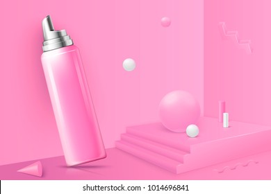 Vector corner wall abstract scene with podium and foam bottle, pink and white balls.