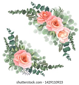 Vector corners of different plants and flowers. Pink roses, green leaves, plants. All elements on a white background are isolated. 