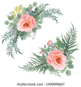 Vector corners of different plants and flowers. Pink roses, green leaves, plants. All elements on a white background are isolated. 