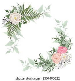 Vector corners. Pink rose, berries, eucalyptus, green plants, ivy. All elements are isolated.