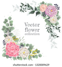 Vector corners of roses and green leaves. Blue berries, Mimosa, roses. Elements for wedding design.
