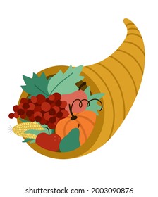 Vector cornucopia icon. Fruit and vegetable arrangement. Cute harvest and wealth symbol with apples, pumpkin and carrot. Autumn Thanksgiving Day horn clipart. Fall season harvest illustration 
